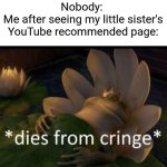 It's all sprunki and skibidi toilet bull$hit | Nobody: 
Me after seeing my little sister's YouTube recommended page: | image tagged in dies from cringe | made w/ Imgflip meme maker