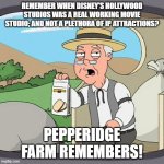 Aw man... | REMEMBER WHEN DISNEY'S HOLLYWOOD STUDIOS WAS A REAL WORKING MOVIE STUDIO; AND NOT A PLETHORA OF IP ATTRACTIONS? PEPPERIDGE FARM REMEMBERS! | image tagged in memes,pepperidge farm remembers | made w/ Imgflip meme maker