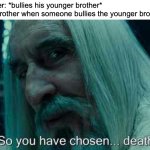 "the only person that can bully him is me" -ahh older brother | Older brother: *bullies his younger brother*
Also older brother when someone bullies the younger brother: | image tagged in so you have chosen death,funny,memes,siblings,for real,bullying | made w/ Imgflip meme maker