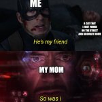Short story | ME; A CAT THAT I JUST FOUND ON THE STREET AND BROUGHT HOME; MY MOM | image tagged in he' my friend - captain america civil war 2016 | made w/ Imgflip meme maker
