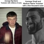 Quality>Quantity | Average Small and Medium Name Youtuber with a few thousand subs; Average Big Name Youtuber with millions of subs | image tagged in average fan vs average enjoyer | made w/ Imgflip meme maker