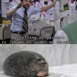 It happens to most likely everyone | Me telling my parents to let me be under my blanket; My parents who just care about my health | image tagged in man explaining to seal,memes,funny,parents,mental health | made w/ Imgflip meme maker