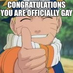 naruto thumbs up | CONGRATULATIONS YOU ARE OFFICIALLY GAY | image tagged in naruto thumbs up | made w/ Imgflip meme maker