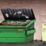 Paper tosses Scissors into dumpster GIF Template