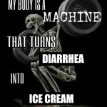 The FitnessGram™ Pacer Test is a multistage aerobic capacity test that progressively gets more difficult as it continues. | DIARRHEA; ICE CREAM | image tagged in my body is a machine that turns,god v is so hot,skeleton,fun fact | made w/ Imgflip meme maker