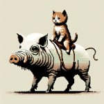 deranged kitten riding a pixelated mutant hog