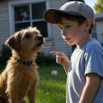 Boy blaming his dog for breaking a window with baseball