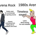 Don't Stop Believing While Shouting At the Devil | 1980s Arena Rock; 2010s Arena Rock; Hard rock/Glam metal sound; Solely used for commercials and sporting events; Timeless sound; Overproduced synth heavy sound; Bands that try to be Imagine Dragons; Lyrics about having fun and rebellion; Iconic bands inspired by AC/DC, Led Zeppelin, and KISS; Generic motivational lyric writing akin to Nickelback and Creed | image tagged in virgin vs chad | made w/ Imgflip meme maker