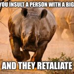 True story | WHEN YOU INSULT A PERSON WITH A BIG HEAD; AND THEY RETALIATE | image tagged in rhino,memes | made w/ Imgflip meme maker