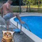 Lucky guy...he could have fallen on his big head! | In what world did
 he think this; would EVER work? | image tagged in gifs,accident,swimming,pool,mistakes,daredevil | made w/ Imgflip video-to-gif maker
