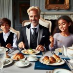 Rich dad eating with children