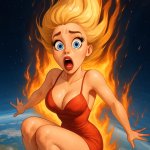 blonde woman's realization as she falls from space