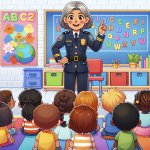 old lady officer teaching kindergarten