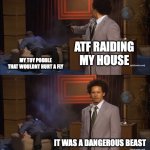 ATF raids, Man :(( | ATF RAIDING MY HOUSE; MY TOY POODLE THAT WOULDNT HURT A FLY; IT WAS A DANGEROUS BEAST | image tagged in memes,who killed hannibal | made w/ Imgflip meme maker