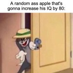 Sneaky tom | Issac Newton: "Man, this place is so peaceful! I can read my book her-"; A random ass apple that's gonna increase his IQ by 80: | image tagged in sneaky tom | made w/ Imgflip meme maker