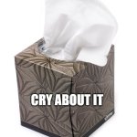 cry about it | CRY ABOUT IT | image tagged in tissue,cry about it | made w/ Imgflip meme maker