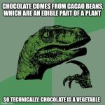 I just figured this out | CHOCOLATE COMES FROM CACAO BEANS, WHICH ARE AN EDIBLE PART OF A PLANT; SO TECHNICALLY, CHOCOLATE IS A VEGETABLE | image tagged in memes,philosoraptor | made w/ Imgflip meme maker
