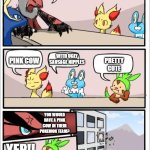 Thank you, MANDJTV for one of the descriptions of Miltank | DESCRIBE MILTANK ACCORDING TO MANDJTV; WITH UGLY SAUSAGE NIPPLES; PRETTY CUTE; PINK COW; YOU WOULD HAVE A PINK COW IN THEIR POKEMON TEAM? YEP!! | image tagged in pokemon board meeting,pokemon | made w/ Imgflip meme maker