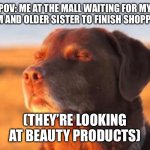 Probably forgot about me | POV: ME AT THE MALL WAITING FOR MY MOM AND OLDER SISTER TO FINISH SHOPPING:; (THEY’RE LOOKING AT BEAUTY PRODUCTS) | image tagged in dog accepting fate | made w/ Imgflip meme maker