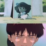 shinji crying over minky momo's death | THIS IS SO SAD | image tagged in shinji crying meme,minky momo,neon genesis evangelion,death,yes very sad anyway,died | made w/ Imgflip meme maker