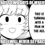 Time I'll never get back | THAT'S TWO DAYS OF MY LIFE; THAT I WILL NEVER GET BACK | image tagged in this is turning into a pain | made w/ Imgflip meme maker