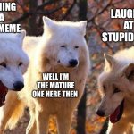 Laughing wolf | LAUGHING AT A DUMB MEME; LAUGHING AT A STUPID MEME; WELL I’M THE MATURE ONE HERE THEN | image tagged in laughing wolf | made w/ Imgflip meme maker