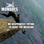 :< | MONDAYS; ME DESPERATELY TRYING TO ENJOY THE WEEKEND | image tagged in kicked off cliff | made w/ Imgflip meme maker