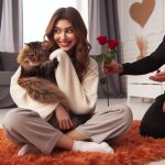 Girl snuggling with a cat and rejecting a guy