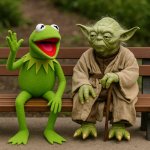 Kermit and Yoga on a bench
