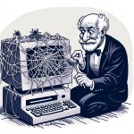 Old man with big nose dusting off his old pC That's full o spide