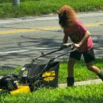 Werewolf mowing a lawn