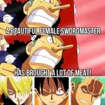 Beautiful swordsman with meat