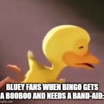 "this shi- sad fr" they'll say before I give them an M-16 millimeter booboo to cry about | BLUEY FANS WHEN BINGO GETS A BOOBOO AND NEEDS A BAND-AID: | image tagged in gifs,bluey,duck,bingo,lol so funny | made w/ Imgflip video-to-gif maker