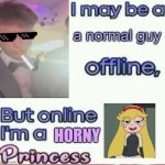 I may be a x offline, but online I’m a Princess | a normal guy; HORNY | image tagged in i may be a x offline but online i m a princess | made w/ Imgflip meme maker