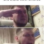 f | me after seeing demotivators and charts were removed | image tagged in crying salute | made w/ Imgflip meme maker
