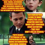 They KNOWINGLY Feed Us, AND OUR INFANTS AND CHILDREN, Poison | "ACETAMINOPHEN, ALSO KNOWN AS PARACETAMOL AND SOLD WIDELY UNDER THE BRAND NAMES TYLENOL AND PANADOL, MAY ALSO INCREASE RISK-TAKING, ACCORDING TO RESEARCH FROM 2020 THAT MEASURED CHANGES IN PEOPLE'S BEHAVIOR WHEN UNDER THE INFLUENCE OF THE MEDICATION"; "ACETAMINOPHEN SEEMS TO MAKE PEOPLE FEEL LESS NEGATIVE EMOTION WHEN THEY CONSIDER RISKY ACTIVITIES – THEY JUST DON'T FEEL AS SCARED,"; "WITH NEARLY 25 PERCENT OF THE POPULATION IN THE US TAKING ACETAMINOPHEN EACH WEEK, REDUCED RISK PERCEPTIONS AND INCREASED RISK-TAKING COULD HAVE IMPORTANT EFFECTS ON SOCIETY." | image tagged in memes,finding neverland,poison,tylenol,wake up,the great awakening | made w/ Imgflip meme maker