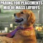 preparing in layoffs | ME PREPARING FOR PLACEMENTS IN THE 
MID OF MASS LAYOFFS | image tagged in dog pc war | made w/ Imgflip meme maker