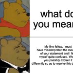 indubitably | what do you mean? My fine fellow, I must have misinterpreted the meaning of your statement and I find myself quite confused. Would you possibly explain it differently so as to resolve this dilemma? | image tagged in memes,tuxedo winnie the pooh,funny memes,fancy pants | made w/ Imgflip meme maker
