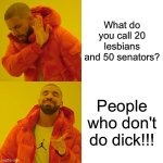 Political fun | What do you call 20 lesbians and 50 senators? People who don't do dick!!! | image tagged in memes,drake hotline bling | made w/ Imgflip meme maker