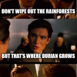 Inception Meme | DON'T WIPE OUT THE RAINFORESTS; BUT THAT'S WHERE DURIAN GROWS | image tagged in memes,inception | made w/ Imgflip meme maker