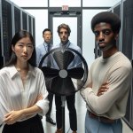 IT people standing in front of a very large fan that's in front