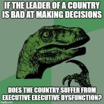 Philosoraptor | IF THE LEADER OF A COUNTRY IS BAD AT MAKING DECISIONS; DOES THE COUNTRY SUFFER FROM EXECUTIVE EXECUTIVE DYSFUNCTION? | image tagged in memes,philosoraptor,shower thoughts,stupid stuff | made w/ Imgflip meme maker