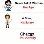 ChatGPT’s identity | Chatgpt, Its identity | image tagged in never ask a woman her age,chatgpt,artificial intelligence,ai | made w/ Imgflip meme maker