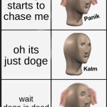 R.I.P. doge | a dog starts to chase me; oh its just doge; wait doge is dead | image tagged in memes,panik kalm panik,doge | made w/ Imgflip meme maker