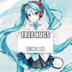 Hatsune Miku holding a sign | FREE HUGS; $1.99 each | image tagged in hatsune miku holding a sign | made w/ Imgflip meme maker