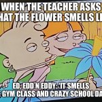 Crazy gym days | WHEN THE TEACHER ASKS WHAT THE FLOWER SMELLS LIKE; ED, EDD N EDDY: 'IT SMELLS LIKE GYM CLASS AND CRAZY SCHOOL DAYS!' | image tagged in what does this flower really smell like to you,ed edd n eddy,gym memes,teacher,gym class,school meme | made w/ Imgflip meme maker
