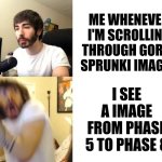 Penguinz0 | ME WHENEVER I'M SCROLLING THROUGH GOREY SPRUNKI IMAGES; I SEE A IMAGE FROM PHASE 5 TO PHASE 8 | image tagged in penguinz0 | made w/ Imgflip meme maker