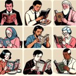 varias personas en mesas separadas con distintos libros