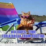 Holidays - time for a break in routine | HOLIDAYS - TIME FOR A BREAK FROM ROUTINE | image tagged in holiday,routine,change | made w/ Imgflip meme maker