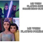 When I play Super Smash Bros, I get competitive | ME WHEN PLAYING SUPER SMASH BROS ULTIMATE; ME WHEN PLAYING POKÉMON | image tagged in drake template k-pop demon hunters format,huntrix | made w/ Imgflip meme maker